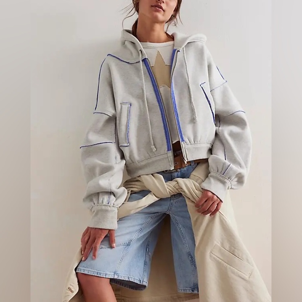We The Free Cream Cropped Hoodie Jacket with Purple Trim